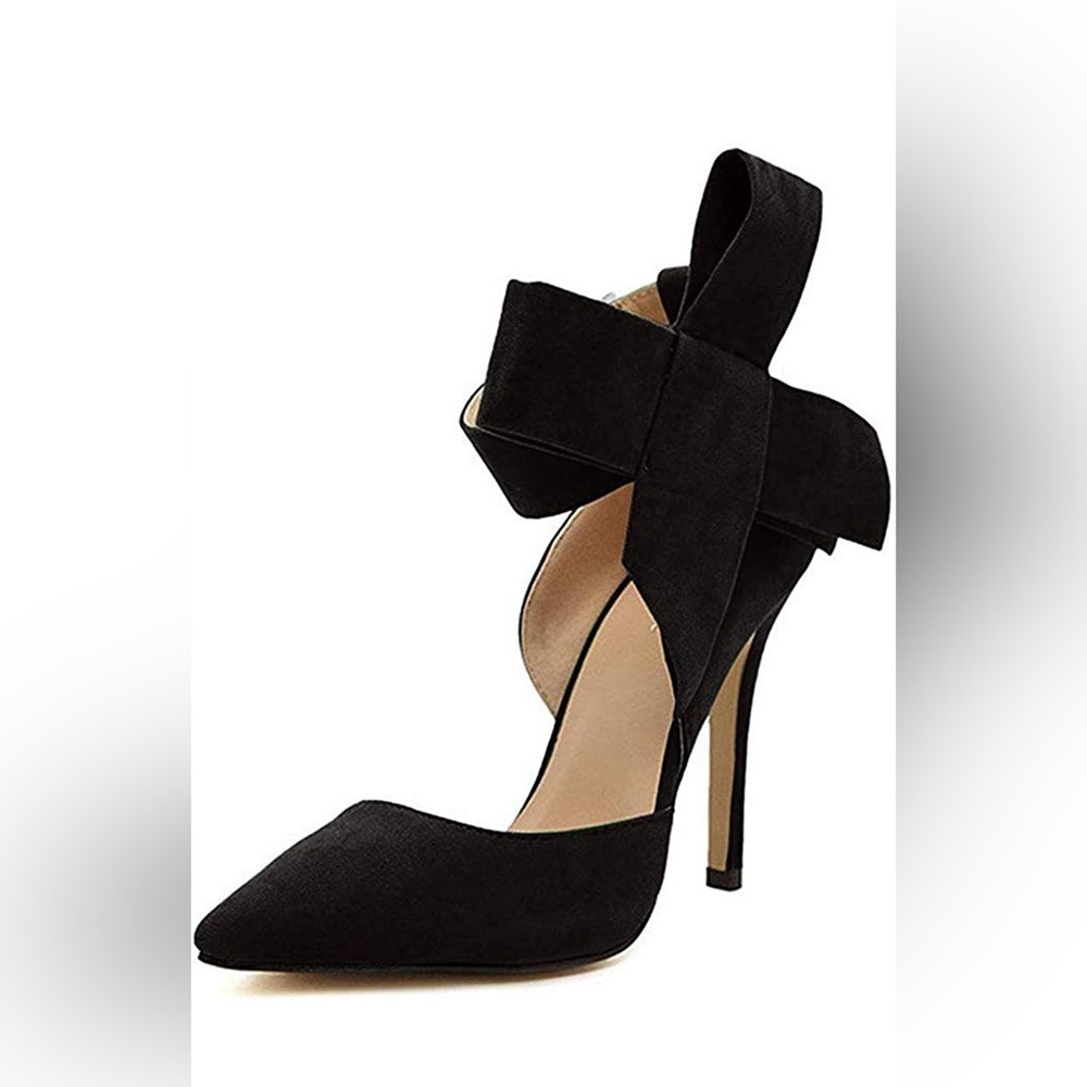 Black velvet bow pointy toe high heel